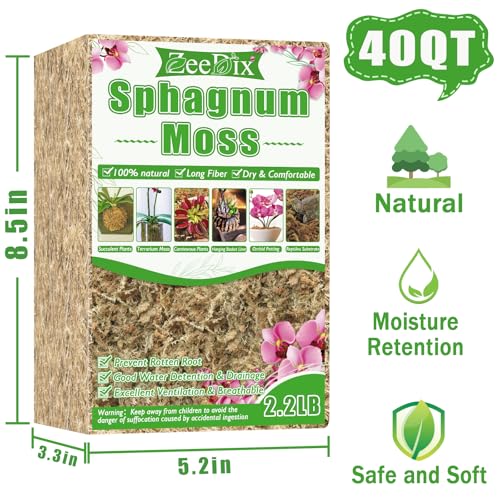 2.2 lb Premium Sphagnum Moss Bulk, Natural Long Fiber Orchid Sphagnum Peat Moss for Carnivorous Plants Succulent Monstera Indoor Outdoor Plants & Reptiles Terrariums Habitats(Expands to 40 qt) - size: 2.2 pounds