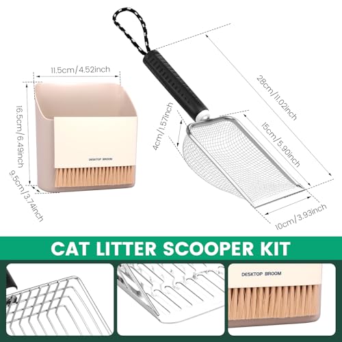 Metal Cat Litter Scoop, Sturdy Litter Cleaner Corner Shovel with Small Broom & Dustpan, Speed Sifter Litter Box Scooper Captures All Clumps, Easy to Clean Reptile Terrarium Sand Waste (# A)