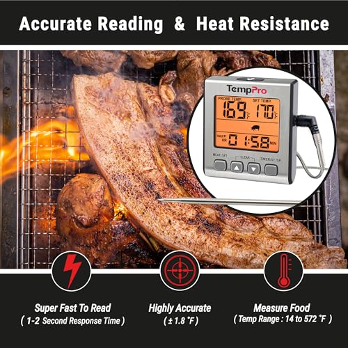 TempPro TempTrack Digital Meat Thermometer for Cooking and Grilling | BBQ Food Thermometer with Backlight and Kitchen Timer, Grill Temperature Probe Thermometer for Smoker, Oven, Baking, Oil - color: Light Silver