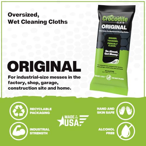 Crocodile Cloth Industrial Hand & Tool Cleaning Wipes - Heavy-Duty 10" x 15" Size Multi-Surface Cleaning Wipes, 10 Count Per Package. Water Based Solution with Extreme Cleaning Power. Safe on Skin. - size: 10 Count (Pack of 5)
