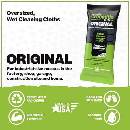 Crocodile Cloth Industrial Hand & Tool Cleaning Wipes - Heavy-Duty 10" x 15" Size Multi-Surface Cleaning Wipes, 10 Count Per Package. Water Based Solution with Extreme Cleaning Power. Safe on Skin. - size: 10 Count (Pack of 5)