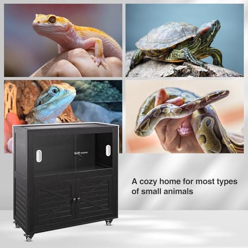 Reptile Terrarium with Stand, 40 Gallon Reptile Tank with Large Storage Cabinet and Ventilated Metal Mesh Top, Black - color: Black