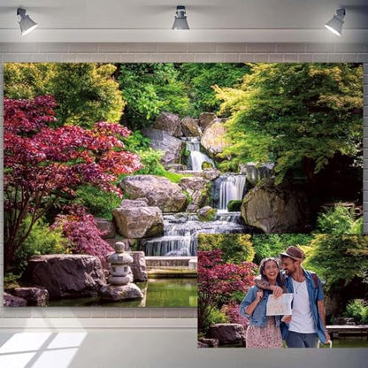 7x5ft Nature Waterfall Backdrop Kyoto Garden Travel Scenery Photography Background Japan Garden Landscape Waterfall Red Maple Trees Nature View Room Decoration Supplies Travel Theme Photo Props - size: 7x5ft