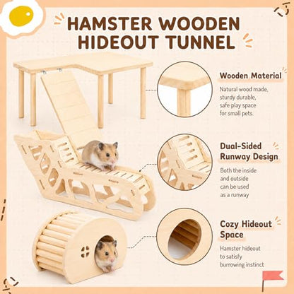 BreezeHug 4 Pcs Hamster Cage Accessories Hamster Platform Hideout Wooden Tunnel Ladder Playhouse Game Climbing Toy with Platform for Pets Dwarf Syrian Mice Degus Gerbils Squirrel(Table) - style: Table