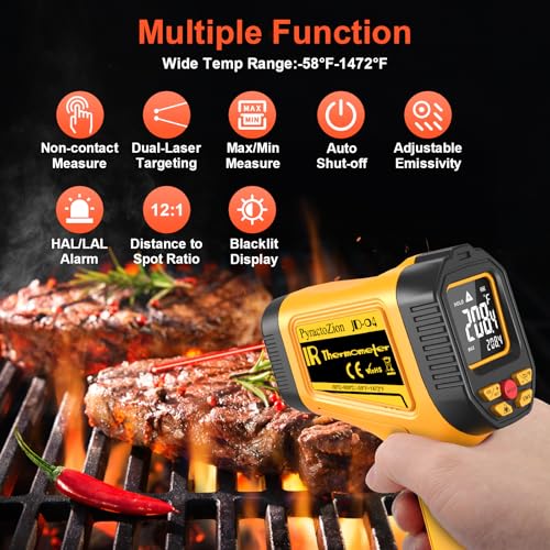 Infrared Thermometer Gun, -58℉ to 1472℉ (-50℃～800℃), High Precision Non-Contact Laser Temperature Gun with Backlit LCD, IR Thermometer for Cooking, Pizza Oven, Automotive, Industrial Use - color: Tangerine