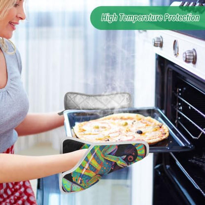 Pot Holder Set 170℃ Heat Resistant | 8mm Thick Padding BBQ，Microwave Two Piecing Vibrant Rainbow Reptile on Branch
