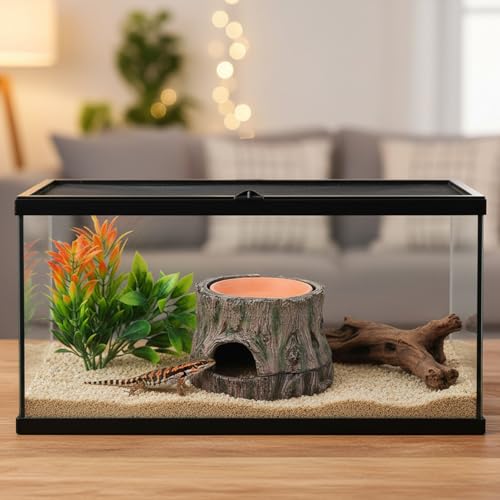 3 in 1 Reptile Hide Cave with Detachable Base & Humidity Dish, Essential Terrarium Decor for Crested Gecko, Leopard Gecko, Lizard, Snake, Crabs