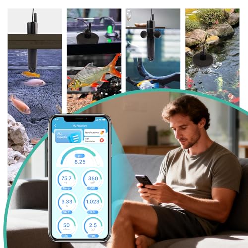 Long-Range WiFi Aquarium Water Quality Monitor – 7 Parameter Digital Aquarium Water Tester for pH ORP EC TDS Salinity SG Temp, Freshwater & Saltwater Tanks - color: Jet Black & Metal Gray