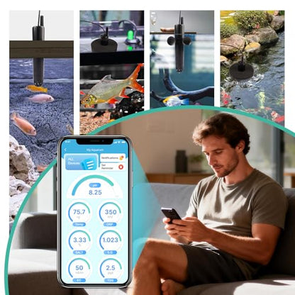 Long-Range WiFi Aquarium Water Quality Monitor – 7 Parameter Digital Aquarium Water Tester for pH ORP EC TDS Salinity SG Temp, Freshwater & Saltwater Tanks - color: Jet Black & Metal Gray