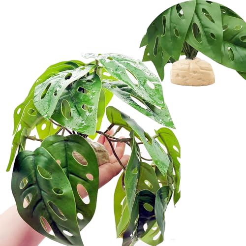Fake Reptile Plants for Terrarium,Habitat Decor,Artificial Plant | Reptile Terrarium Decor,Fake Plants with Base for Bearded Dragon Gecko Tortoise Snake Tank Accessories-Monstera - color: Swiss Cheese