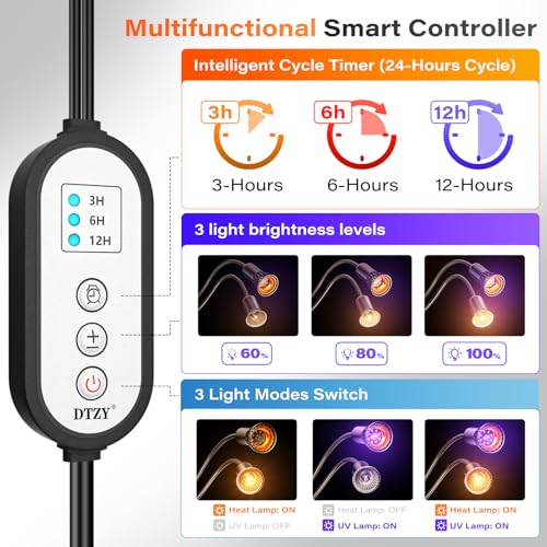 UV Reptile Heat Lamp, UVA UVB Reptile Light with Clamp and Intelligent Cycle Timer for Turtle, Bearded Dragon, Lizard and More,2 Bulbs 50W+UVAUVB