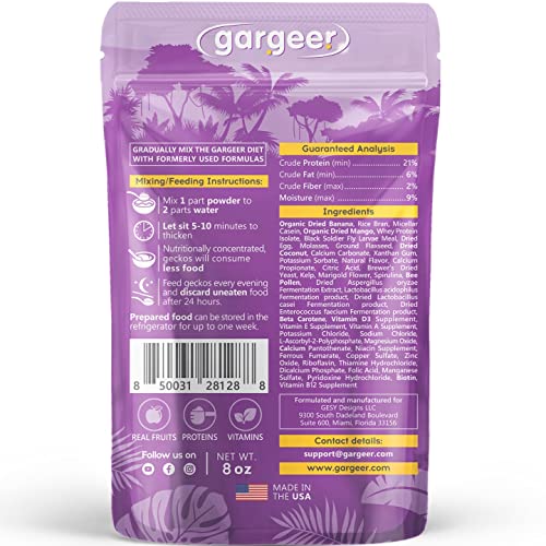 Gargeer 8oz Gentle Geck Tropical Diet - Crested Gecko Food. Made in USA | Expert-crafted superfood! Organic mango, banana & dried coconut mixed with wild insect proteins & probiotics. Zero fillers - size: 8 Ounce (Pack of 1)