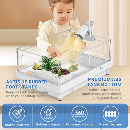 GOZILLA Small Turtle Tank Kit(Tank+Lamp), Acrylic Turtle Starter Kit, Reptile Habitat and Terrarium with Multi-Functional Areas for Small Reptiles. (White+Lamp)