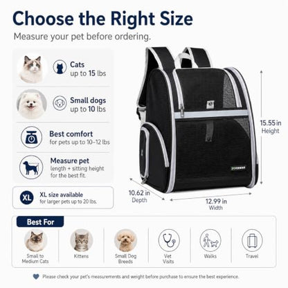 Cat Backpack Carrier for Small Dogs and Medium cat Puppy Kitten Bunny Pet Carrier Backpack Collapsible with Fully Ventilated Mesh with Safety Leash (Black, 12.9" L x 10.62" W x 15.5" H - M) - color: Black, size: Medium