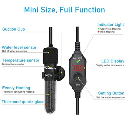 YukiHalu Submersible Aquarium Heater 100W 150W 200W, Adjustable Mini Fish Tank Heater, Small Size, Overheating Protection, External Controller, Used for 0.5-40 Gallons(100W) - size: 100 Watts