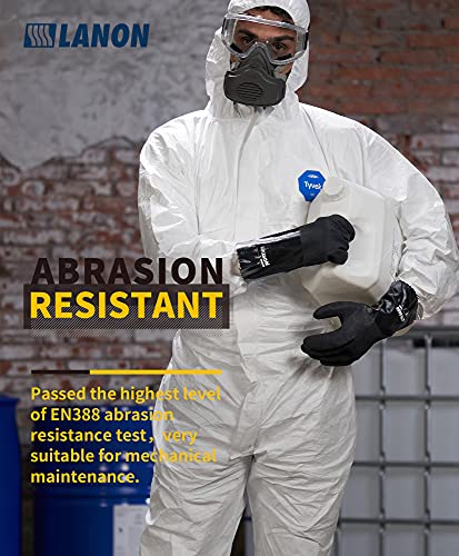 LANON Nitrile Chemical Resistant Gloves with Cotton Liner,Black,Large | Heavy-Duty,Cleaning,Dishwashing,Waterproof,Breathable,Latex Free,Durable,Non-Slip,Acid,Solvent,Alkali & Oil Protection - size: Large (Pack of 1)
