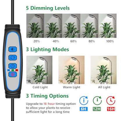 Aumtrly Black Grow Lights for Indoor Plants, Full Spectrum, with 68" Stand | 6/12/16H Timer, 5 Dimming Levels, 80 LED Halo, Floor Growing Lamp for Large Tall Plants with Flexible Gooseneck, Metal Base - size: 1 head 68inch/black