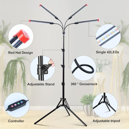 4Head Grow Light with Stand for Tall Indoor Plants, Bonsai Tree, Bright Full Spectrum Plant Growing Lamps, 4/8/12/16/20H Timer, 36 Watt Power Draw, NO Need Adapter, 360° Gooseneck - size: Stand-4Head-36W
