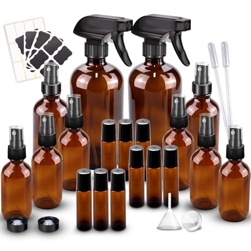 Loretoy Glass Spray Bottle Kit×10 (2×16oz, 2×4oz, 6×2oz), 9×10ml Roller Bottles, Anti UV, Multi Size and Versatile, Suitable for Aromatherapy, Facial Moisturizing, Watering, etc.(Amber) - color: Amber