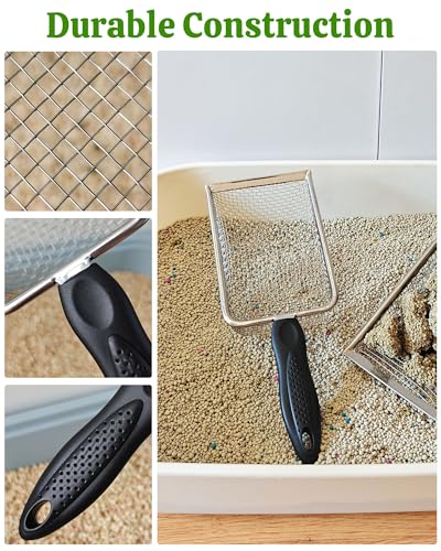 2Pcs Metal Litter Scooper Stainless Steel Metal Cat Litter Poop Scoop with 2.0mm & 3.8mm Mesh,Litter Cleaner Sifter for Cat,Dog,Kitty,Rabbit,Hamster, Reptile