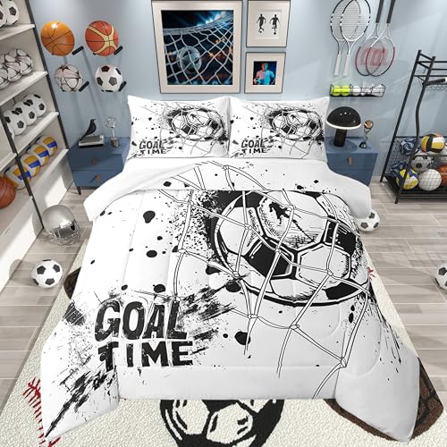 Erosebridal Kids Football Comforter Set Full Size American Soccer Bedding Set Sports Games Duvet Sets for Boys Girls Children Teens Geometric Polygon Quilt for Bedroom, Black White - color: Multi 12, size: Full