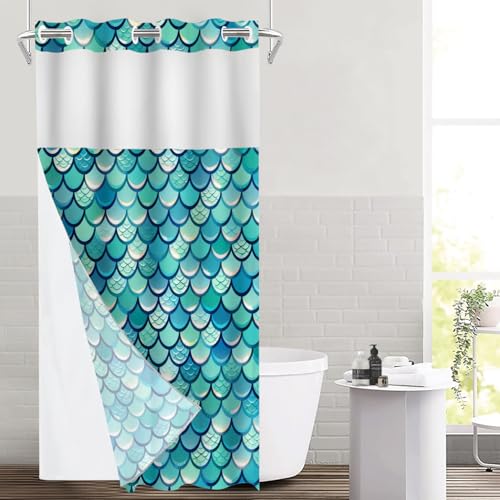 Turquoise Fish Scale Pattern No Hooks Shower Curtain with Snap in Liner Set, Blue Mermaid Scale Texture Tub Curtainn Mesh Top Window & Magnetic Hem Waterproof 35.5X74 Inch - color: Fish Scale 1 Blue03, size: 35.4"W x 74"L (Pack of 1)