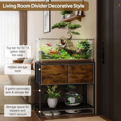 5-20 Gallon Fish Tank Stand, 3-Tier Heavy Duty Metal Aquarium Table | Vintage Wood Reptile Tank Stand with Drawers for Living Room & Office, 200LBS Capacity, 24.8x12.6x31.5 In