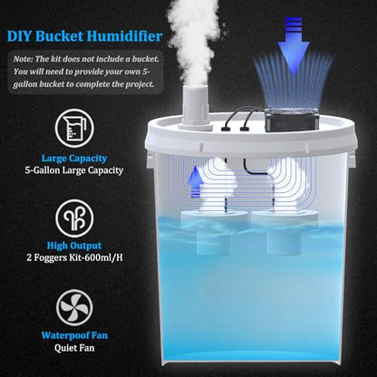 19L Large DIY Humidifier Kit for Plants & Mushrooms (2-Fogger, Double Mist) | Ideal for Grow Tent, Greenhouse, Terrarium | Turns a 5 Gallon Bucket into Cool Mist Humidifier, Extendable Hose, Long Runtime - size: 2-Fogger