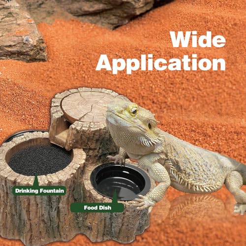 Reptile Water Fountain with Food Dish Terrarium Drinking Fountain for Bearded Dragon, Gecko, Chameleon, Lizard, Tree Frog & Turtle Keeps Water Clear, Easy to Use Water Dispenser