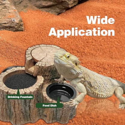 Reptile Water Fountain with Food Dish Terrarium Drinking Fountain for Bearded Dragon, Gecko, Chameleon, Lizard, Tree Frog & Turtle Keeps Water Clear, Easy to Use Water Dispenser