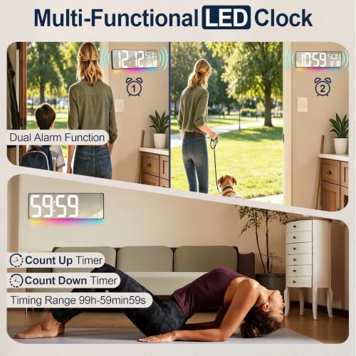 17.2-Inch Large Mirror Digital Wall Clock with Remote Control, RGB Mood Light, Extra-Large LED Display, Auto Dimming,Date, Day, Temp, Countdown Timer for Home, Gym, Office and Classroom (White) - color: White