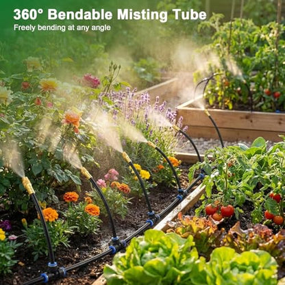 Drip Irrigation System with Brass Nozzles – 2026 Upgrade 100FT Garden Watering Kit with 20Pcs 360° Adjustable Misting Sprinklers Quick Connect Fittings for Raised Beds, Lawn, Patio - size: 100ft + 20 pcs nozzles and connectors