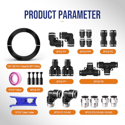 1/2 OD Inch Air Line Hose Tubing Kit Poly Airline Black | Polyurethane Compressed Pneumatic Compressor Repair Kit With Push To Connect Fittings - color: Black, size: 1/2" OD
