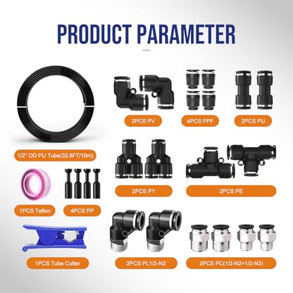1/2 OD Inch Air Line Hose Tubing Kit Poly Airline Black | Polyurethane Compressed Pneumatic Compressor Repair Kit With Push To Connect Fittings - color: Black, size: 1/2" OD