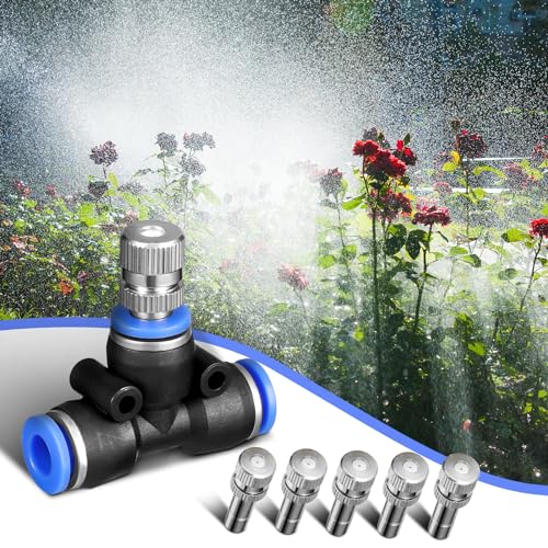 Gisafai 20 Pcs Brass Misting Nozzles Replacement Kit, 0.024"/0.6mm Orifice Mister Heads with 1/4" Water Misting Nozzle Tees Sprayer for Outdoor Cooling System Patio Garden Greenhouse(Two Section) - style: Two Section