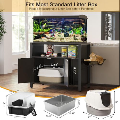 GDLF 40-50 Gallon Fish Tank Stand with Hidden Cat Litter Box Cabinet | Dual-purpose pet furniture combines aquarium support, hidden litter box storage, and a cat perch for a cleaner home setup