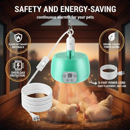 Enhon 2 Sets Chicken Coop Heater, Timing Heat Lamp for Chickens, Smart Temperature Control Chicken Brooder Heater Greenhouse Warmer, 5 Ft Ultra Long Cable Reptile Heating Lamp for Chicks Duck Dog Cat