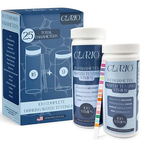 Clario - 25 in 1 Water Tester for Drinking Water - Water Hardness Test Kit for Aquarium, Well, Pool, and Hot Tub - 100 Complete Drinking Water Test Kit - Detects Lead, Chlorine, pH, Hardness and More