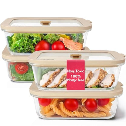 Non-Toxic Glass Food Containers with Lids, 4-Pack, 35 oz, Airtight, Beige | Plastic & BPA free. Glass body, glass lid & platinum silicone seal. Airtight & leakproof. Freezer & microwave safe. - color: Beige, size: 35 Oz