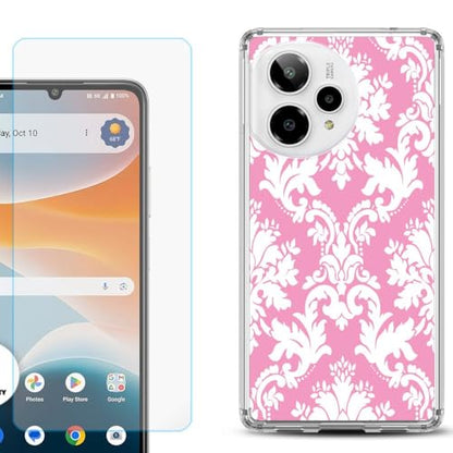 Shockproof Phone Case Compatible with Cricket Icon Pro 2026, w/Tempered Glass - Victorian White/Pink - color: Victorian White/Pink