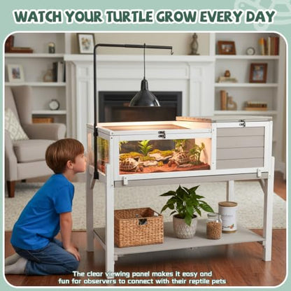 Large Tortoise Habitat with Adjustable Lamp Stand & Storage Shelf, Wooden Tortoise Enclosure with Viewing Window, Pull-Out Tray, 2-Room Reptile Turtle Enclosure House Indoor & Outdoor, Grey - size: 40.4"L x 23"W x 32"H