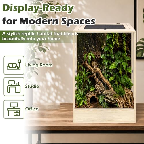 18" x 18" x 32" Tall Reptile Terrarium, 45 Gallon Glass Chameleon Cage, Vertical Crested Gecko Tank with Ventilated Mesh Top, Front Opening Rainforest Habitat, Oak - color: Oak, size: 18" L x 18" W x 32" H, 45 Gallon