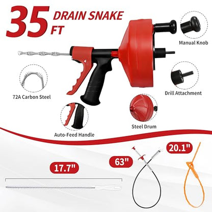 Drain Snake 35 Ft with Drill Attachment, Auto Feed 1/4 Inch Plumbing Snake for Sink, Shower & Tub Clogs, Manual or Drill-Powered Drain Auger, with Gloves, Safety Glasses & Storage Bag - color: 35FT