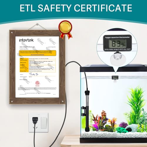 hygger ETL Certification Aquarium Heater, 50W/100W/200W/300W Submersible Fish Tank Thermostat Heater with Firm Double Pair Suction Cups for Coral Saltwater and Freshwater Tank with Thermometer (50W) - size: 50W