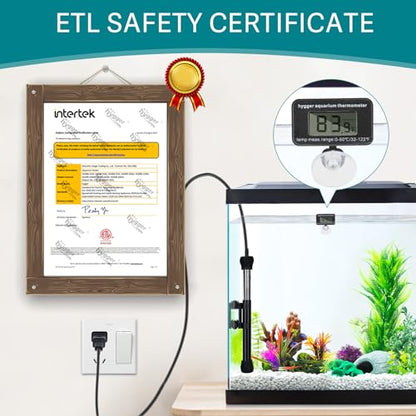 hygger ETL Certification Aquarium Heater, 50W/100W/200W/300W Submersible Fish Tank Thermostat Heater with Firm Double Pair Suction Cups for Coral Saltwater and Freshwater Tank with Thermometer (300W) - size: 300W
