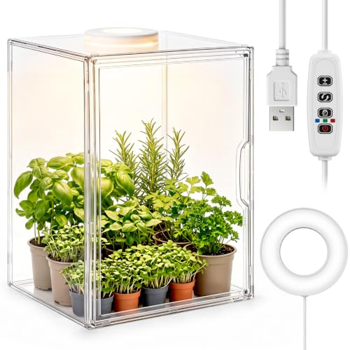 Novabright Mini Greenhouse Indoor with Grow Light Clear Acrylic Plant Cabinet, Tabletop Indoor Greenhouse Kit DUSB White & Warm Light for Succulents, Herbs (Without Dividers)