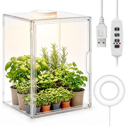Novabright Mini Greenhouse Indoor with Grow Light Clear Acrylic Plant Cabinet, Tabletop Indoor Greenhouse Kit DUSB White & Warm Light for Succulents, Herbs (Without Dividers)