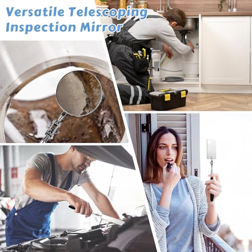 Telescoping Inspection Mirror, 2 Pack Round & Rectangular Mechanic Mirrors | Extendable Reach, 360° Swivel Heads, Comfort Grip for Auto Repair, Engines, Appliances, Plumbing and Home Inspection