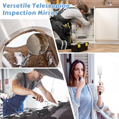 Telescoping Inspection Mirror, 2 Pack Round & Rectangular Mechanic Mirrors | Extendable Reach, 360° Swivel Heads, Comfort Grip for Auto Repair, Engines, Appliances, Plumbing and Home Inspection