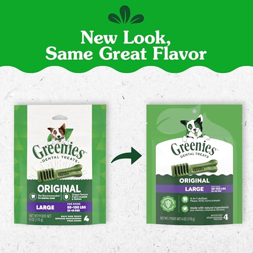 Greenies Large Natural Dental Dog Treats, Original Flavor, 4 Count | Veterinarian-recommended, cleaner teeth after 28 days, clean to gumline, for dogs 50-100 lbs, original chicken flavor - size: 4 Count (Pack of 1)